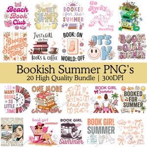 Op de afbeelding: Een digitale bundel van 20 zomerse, boekgerelateerde grafische ontwerpen met illustraties van boeken, strandelementen en typografie. De collectie bevat kleurrijke motieven zoals palmbomen, koffiekopjes en zonnen met diverse teksten.