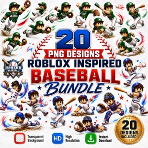 May include: A digital graphic bundle featuring 20 Roblox-inspired baseball designs. The image includes cartoon baseball players in action, baseballs, and text that reads "PNG Designs", "Baseball Bundle", and "Roblox Inspired". The designs have a transparent background and high resolution.