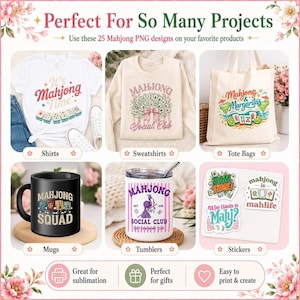 Mahjong PNG designs shown on shirts, sweatshirts, tote bags, mugs, tumblers, and stickers, perfect for sublimation, gifts, Cricut crafts, and printable projects.