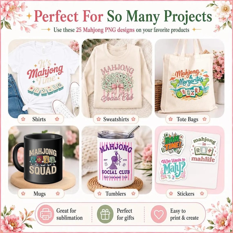 Mahjong PNG designs shown on shirts, sweatshirts, tote bags, mugs, tumblers, and stickers, perfect for sublimation, gifts, Cricut crafts, and printable projects.