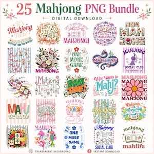 Könnte beinhalten: Ein digitales Paket mit 25 Mahjong-Grafikdesigns, die verschiedene Illustrationen von Mahjong-Steinen, Blumenarrangements, Drachen und Textphrasen wie It's Mahjong Time, Mahjong Social Club und Bam Time in farbenfrohen Stilen zeigen.