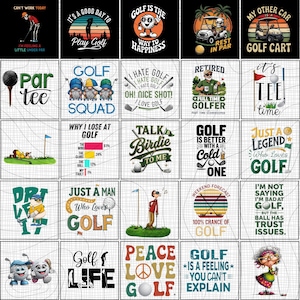 May include: A collection of golf-themed graphic designs on a white background. The designs feature text and illustrations related to golf, including phrases like "Golf Squad," "Talk Birdie to Me," and "Weekend Forecast."