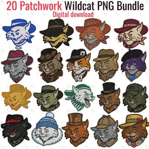 Può includere: Un pacchetto digitale di 20 illustrazioni di gatti selvatici in stile patchwork che ritraggono vari felini con diversi copricapi, tra cui cappelli da cowboy, cilindri, berretti e fedora, presentati in una raccolta con colori ed espressioni varie.