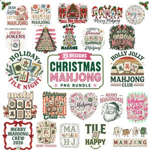 Puede incluir: Una colección digital de 25 diseños de Mahjong con temática navideña que incluye a Santa Claus, árboles decorados, fichas festivas y texto. Los gráficos presentan diversas ilustraciones de fichas de Mahjong, renos y motivos estacionales en rojo, verde y blanco.