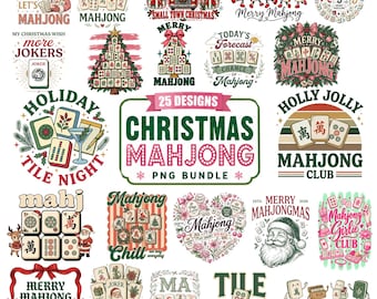 Puede incluir: Una colección digital de 25 diseños de Mahjong con temática navideña que incluye a Santa Claus, árboles decorados, fichas festivas y texto. Los gráficos presentan diversas ilustraciones de fichas de Mahjong, renos y motivos estacionales en rojo, verde y blanco.