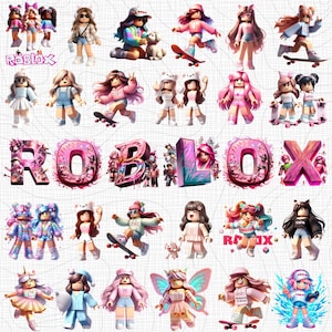 May include: A collage of Roblox-themed character figures in various poses, including skateboarding and holding pets. The figures are in a variety of outfits and hairstyles. The Roblox logo is also visible in the image.