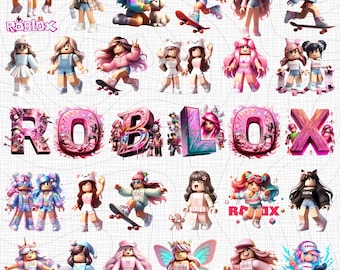 Paquete de 30 imágenes PNG inspiradas en Roblox, chica gamer PNG, imágenes prediseñadas de avatares de dibujos animados, decoraciones para fiestas de cumpleaños, descarga instantánea.