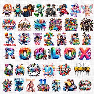 Puede incluir: Una colección de gráficos e ilustraciones de personajes con temática de Roblox. Las imágenes incluyen el logotipo de Roblox, personajes y diseños temáticos de cumpleaños. La paleta de colores es vibrante, con azules, verdes, rojos y amarillos. Algunos diseños incluyen el texto "Happy Birthday".