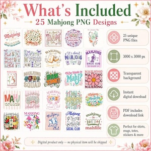 What’s included in 25 Mahjong PNG Bundle with high-resolution 3000x3000 px transparent background PNG files for shirts, mugs, totes, stickers, and digital crafts.