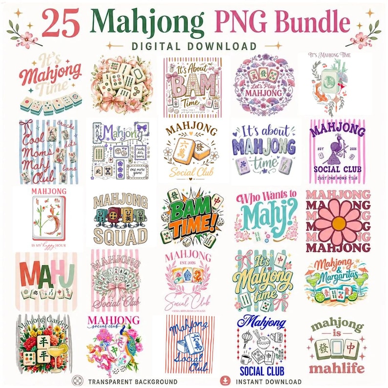 25 Mahjong PNG Bundle featuring colorful Mahjong clipart designs for shirts, mugs, tote bags, stickers, sublimation projects, and instant digital download crafts.