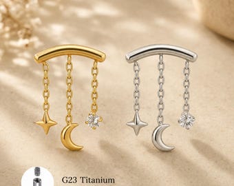 Titanium 16G Hidden Helix Chain Earring, Star Moon Dangle Cartilage Stud Piercing Jewelry, Flat Back Helix Earring Gift for Her, Ear Jewelry