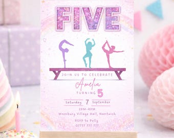 May include: A birthday party invitation on a small wooden easel. The invitation features the word "FIVE" in glittery letters above silhouettes of gymnasts. The invitation reads "Join us to celebrate Amelia turning 5".
