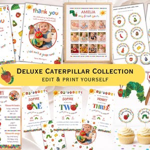Op de afbeelding: Een verzameling printbare feestartikelen met het thema Rupsje Nooitgenoeg. Inclusief uitnodigingen, bedankkaarten, voedseletiketten, cupcake toppers en een fotodisplay. De tekst luidt "Deluxe Caterpillar Collection - Edit & Print Yourself."
