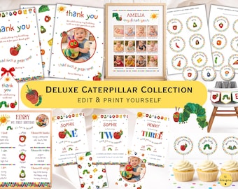 May include: A collection of printable party supplies featuring a colorful Very Hungry Caterpillar theme. Includes invitations, thank you cards, food labels, cupcake toppers, and a photo display. The text reads "Deluxe Caterpillar Collection - Edit & Print Yourself."