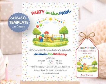 May include: A colorful birthday party invitation with the text "Party in the Park" and "Amelia's 5th Birthday". The invitation features a playground illustration and a matching gift tag. The invitation is on a small wooden easel.