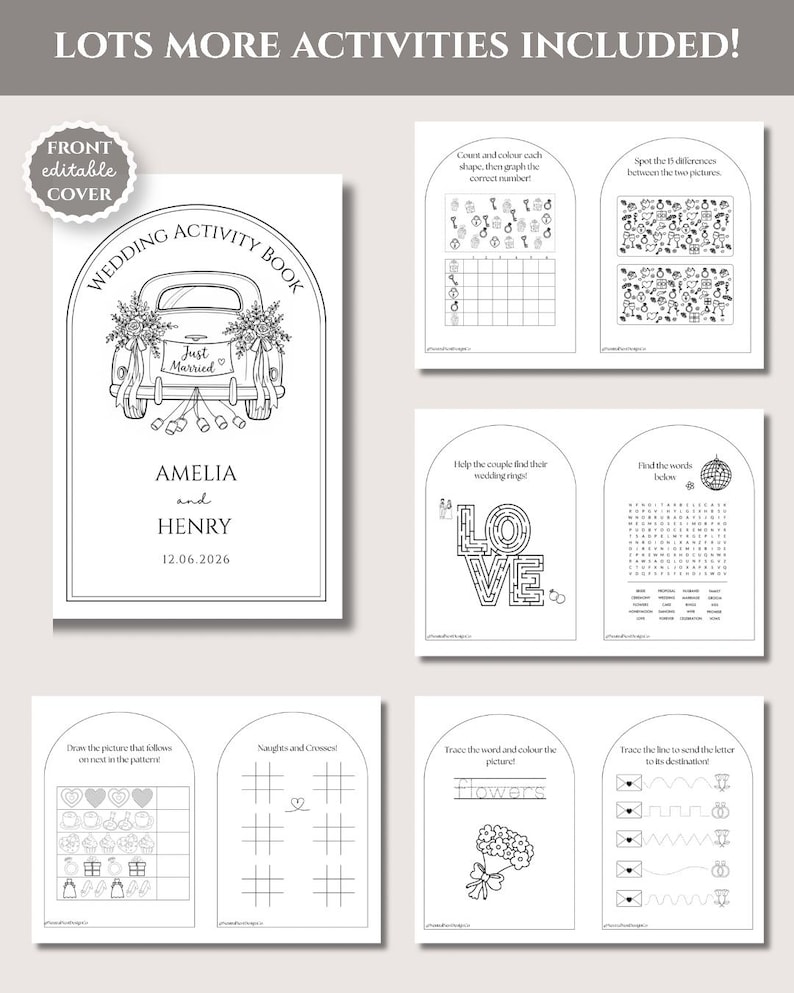 May include: A printable wedding activity book featuring a front cover with a car illustration and the text Wedding Activity Book, Amelia and Henry, 12.06.2026. Includes various black and white activity pages with games, puzzles, and coloring tasks.