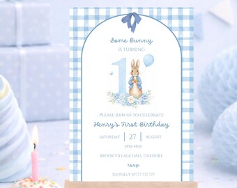 Peter Rabbit 1st Birthday Invitation | Blue Gingham Bunny Invite | Boy First Birthday Party | Editable Printable 1st Invite Peter Rabbit