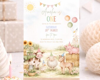 Farm Animal 1st Birthday Invitation | Editable Barnyard Party Invite | First Birthday Farm Theme | Boy Girl Digital Farm Invite | Any Age