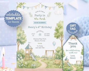 May include: A watercolor-style birthday party invitation and gift tag set. The invitation reads "Party in the Park" and includes event details. The gift tag says "Thank you for celebrating with me!" and includes a park illustration.