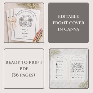 May include: A wedding activity book with a white cover featuring a line drawing of a car, the text Wedding Activity Book, Amelia and Henry, and 12.06.2026. The set includes a 36-page printable PDF and an editable Canva front cover template.