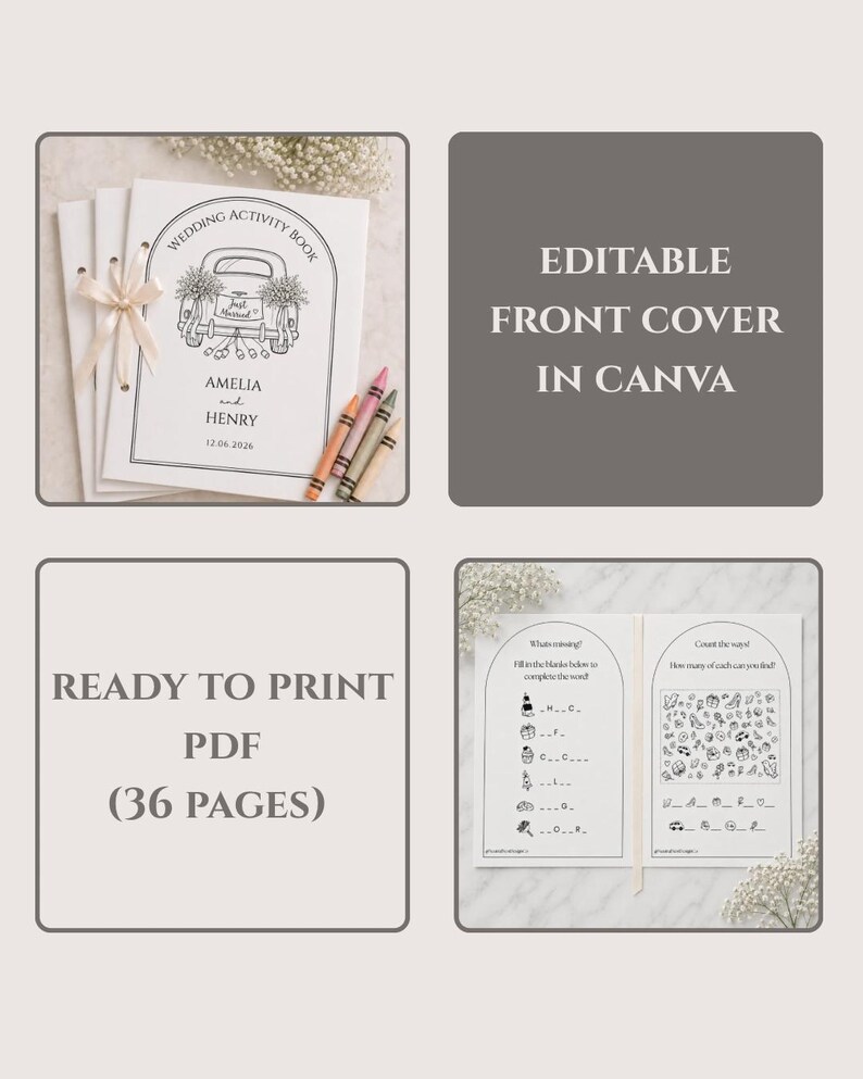 May include: A wedding activity book with a white cover featuring a line drawing of a car, the text Wedding Activity Book, Amelia and Henry, and 12.06.2026. The set includes a 36-page printable PDF and an editable Canva front cover template.