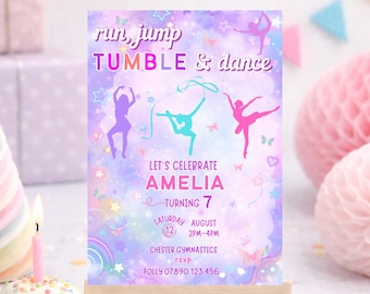 Gymnastics Dance Birthday Invitation Template | Editable Flip Tumble Jump Dance Party Invite | Girls Gym Party | Digital Download