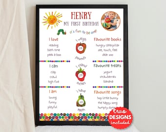May include: A framed birthday milestone chart for a child named Henry. The chart includes a photo, the text "My First Birthday", and details like weight (26 pounds), height (29 inches), and favorite things. The design features colorful illustrations.
