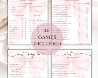 May include: Four white paper wedding game cards with black text and a pale pink bow background. The cards feature titles: Who Knows The Bride To Be, Guess Who Bride Or Groom, Most Likely To, and What Did The Groom Say, with 10 Games Included text.