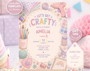May include: A rectangular invitation card and a matching gift tag featuring illustrations of craft supplies like a glue gun, paintbrushes, yarn, and buttons. The text reads Let's Get Crafty, Amelia Turning 5, Saturday August 12, 2pm-4pm, and Thank You.