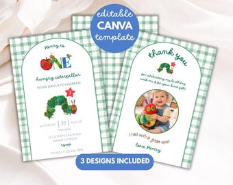 May include: Set of three editable Canva templates for a child's birthday party. The design features a green and white gingham pattern and illustrations of a hungry caterpillar. Includes an invitation, a thank you card, and a design with a photo.