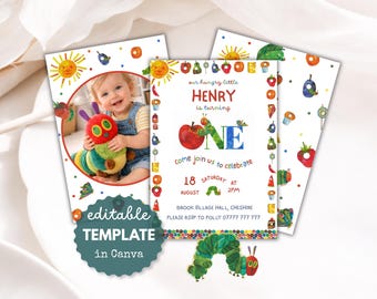 May include: A set of colorful birthday party invitations featuring illustrations of a caterpillar, fruits, and a smiling child. The invitations include the text "Our hungry little Henry is turning ONE" and event details. The invitations are an editable template in Canva.