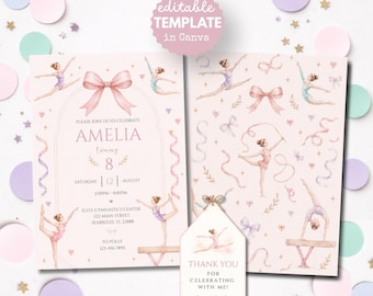 Gymnastics Birthday Invitation Template | Pink Gymnast Invite | Editable Girl Birthday Party Invite | Watercolor Gymnastics Invitation