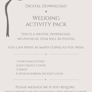 May include: A digital download wedding activity pack instruction sheet featuring a dark gray ribbon graphic at the top left. The text reads: DIGITAL DOWNLOAD, WEDDING ACTIVITY PACK, THIS IS A DIGITAL DOWNLOAD, NO PHYSICAL ITEM WILL BE POSTED.