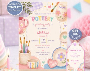 Invitación de cumpleaños con temática de pintura de cerámica / Invitación editable para fiesta de arte / Plantilla para fiesta de pintura y manualidades para niñas / Descarga digital imprimible