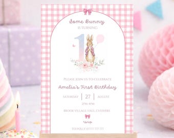 Flopsy Bunny 1st Birthday Invitation  | Some Bunny Is One Party Invite Peter Rabbit | Pink Gingham Rabbit First Birthday | Editable Girl