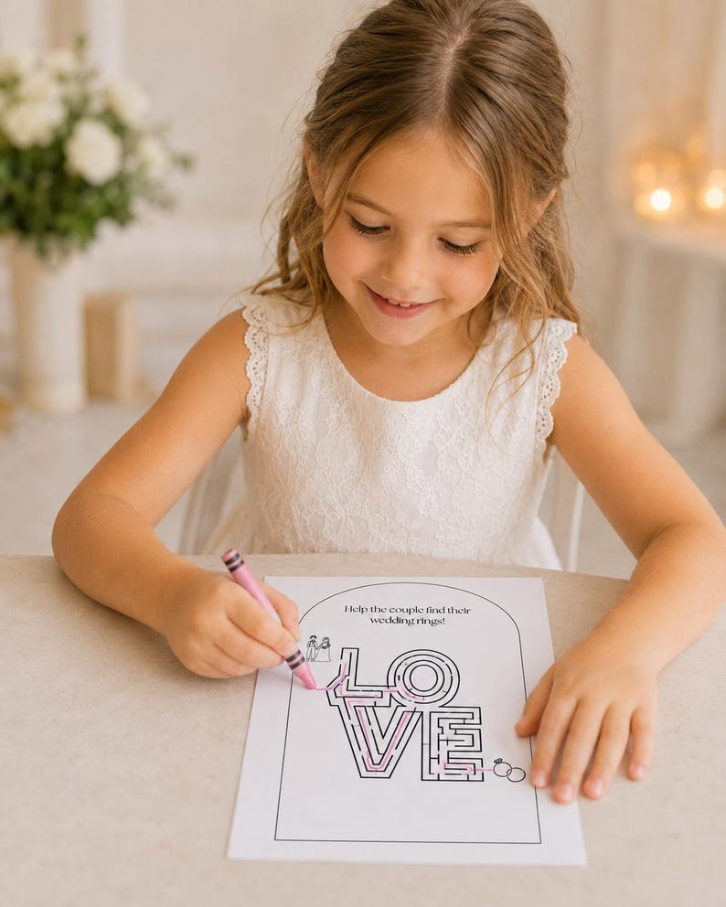 May include: A white paper activity sheet featuring a black-lined maze in the shape of the word LOVE, with the text Help the couple find their wedding rings! at the top, being colored with a pink crayon to trace a path from a couple to two rings.