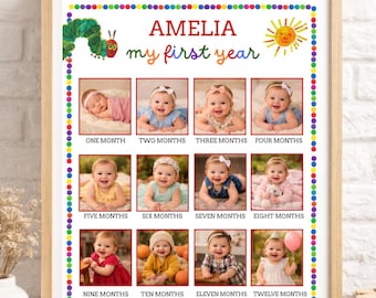 May include: A framed milestone photo collage titled AMELIA my first year, featuring twelve individual baby portraits labeled from one month to twelve months, decorated with a colorful polka dot border, a caterpillar, and a sun illustration.