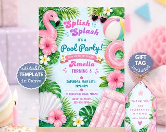 May include: A pool party invitation on a small wooden easel. The invitation features a pink flamingo, beach ball, and a pink inflatable ring. The text reads "Splish Splash It's a Pool Party!" and includes the name Amelia and the party details.