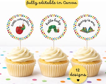 Very Hungry Caterpillar Cupcake Toppers Printable | Kids Birthday Party Decor | Storybook Baby Shower | Instant Download Cake Decoration Top