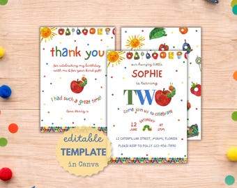 Very Hungry Caterpillar Second Birthday Invitation | Editable 2nd Birthday Party Invite | Hungry Caterpillar 2nd Invite | Thank You Card