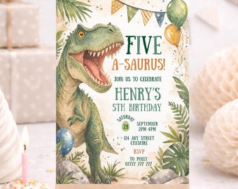 May include: A birthday invitation on a small wooden easel. The invitation features a green dinosaur illustration with the text "FIVE A-SAURUS!" and details for a 5th birthday party, including the date, time, and location.