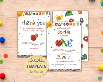 Very Hungry Caterpillar First Birthday Invitation | Editable 1st Birthday Party Invite | Hungry Caterpillar 1st Invite | Thank You Card