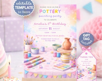 May include: A pastel-colored invitation for a pottery painting party, displayed on a small wooden easel. The invitation includes text, decorative elements, and a gift tag. The party is for Amelia's 5th birthday.