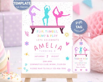 May include: A gymnastics-themed birthday party invitation with the text "Flip, Tumble, Jump & Play" and "Amelia Turning 8." The invitation features illustrations of gymnasts and includes a gift tag.