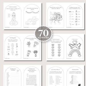 May include: A collection of printable activity sheets for children featuring wedding-themed puzzles, coloring pages, mazes, matching games, and word scrambles. The pages include text such as Activities for Ages 2-15 Years and 70 Activities.