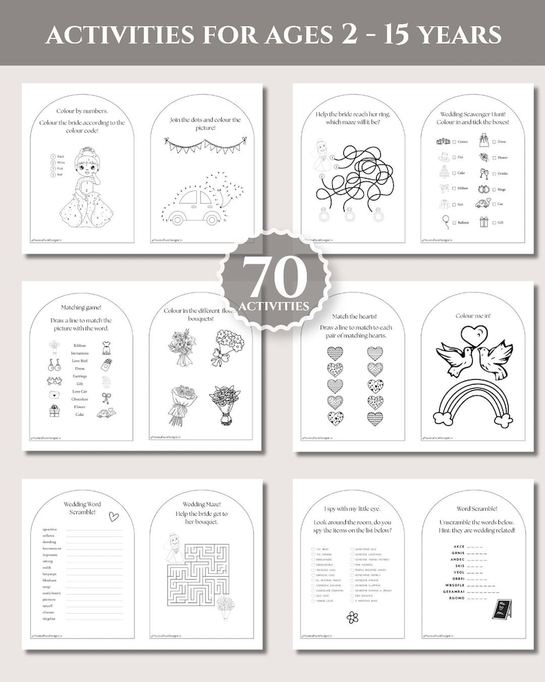 May include: A collection of printable activity sheets for children featuring wedding-themed puzzles, coloring pages, mazes, matching games, and word scrambles. The pages include text such as Activities for Ages 2-15 Years and 70 Activities.