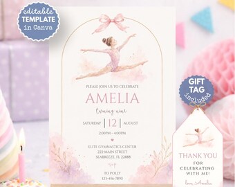 May include: A rectangular birthday invitation card featuring a watercolor illustration of a gymnast in a pink leotard, a gold arch frame, and a pink bow. Text includes "AMELIA", "turning nine", "SATURDAY 12 AUGUST", and "ELITE GYMNASTICS CENTER". Includes a matching gift tag.