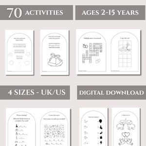 May include: A wedding activity book with 70 activities for ages 2-15 years, available as a digital download in 4 sizes. The pages feature black and white line drawings including word tracing, multiplication crosswords, matching, and coloring tasks.