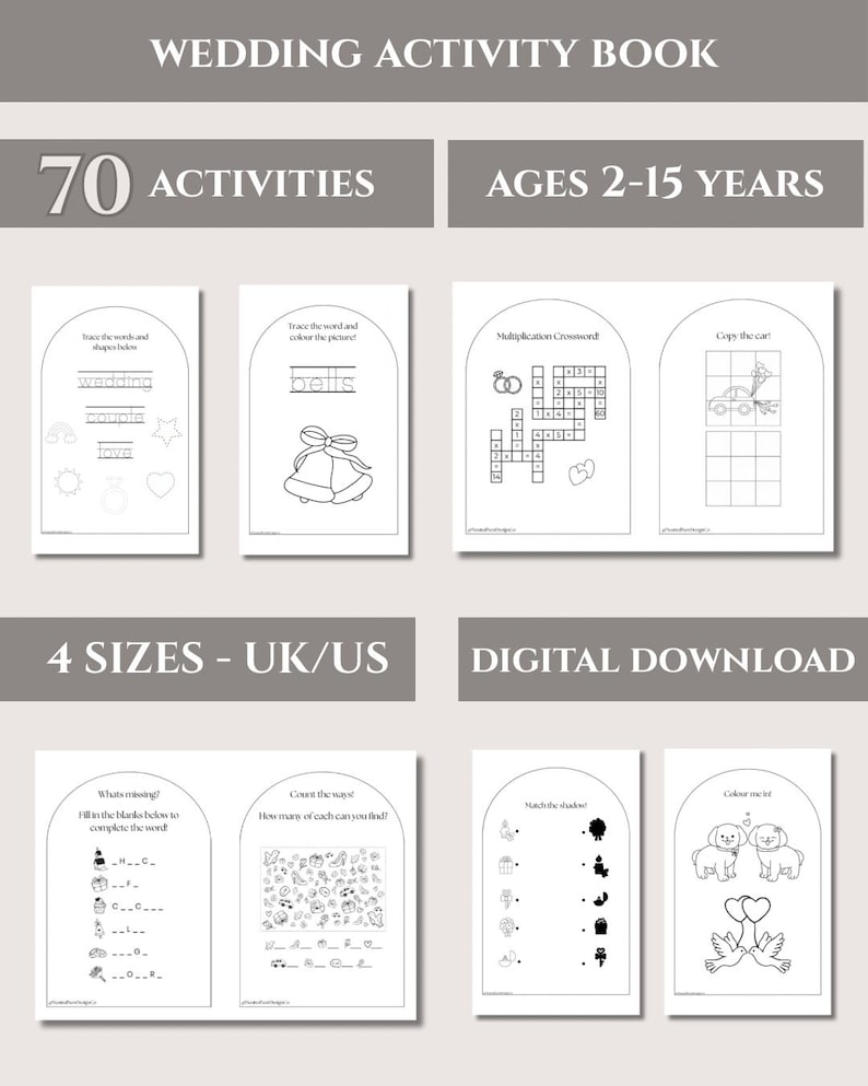 May include: A wedding activity book with 70 activities for ages 2-15 years, available as a digital download in 4 sizes. The pages feature black and white line drawings including word tracing, multiplication crosswords, matching, and coloring tasks.
