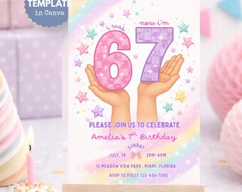 May include: A pastel-colored birthday invitation on a small wooden easel. The invitation features the numbers "67" held by hands, surrounded by stars and a rainbow. Text includes "Please join us to celebrate Amelia's 7th Birthday."